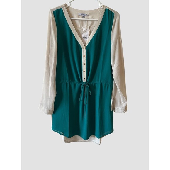 Naked Zebra Womens Shirt Dress Sz M V-Neck Roll Tab Sleeve Drawstring Waist NWT - Picture 1 of 7